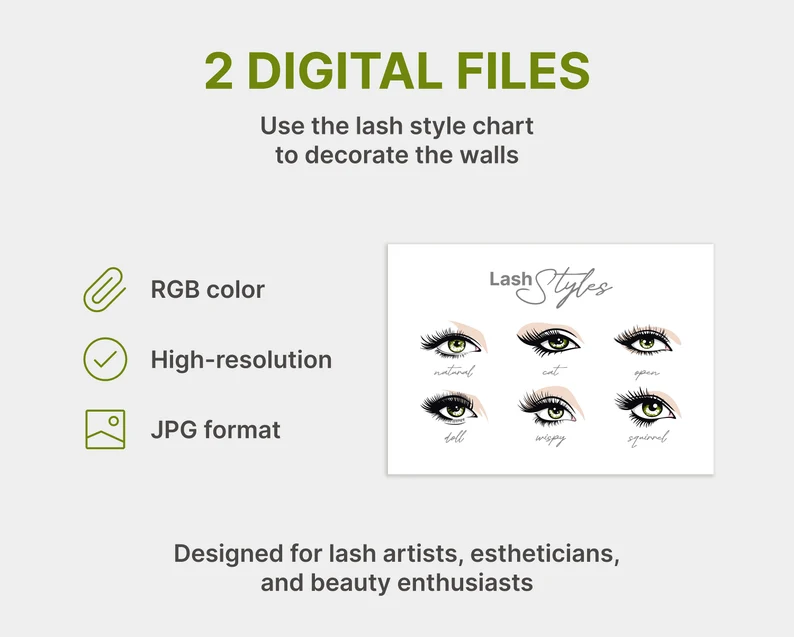 Eyelash Extension Style Chart | Ready to Print Digital JPEG Files | Esthetician Lash Artist Branding | Wall Art for Eyelash Salon Décor