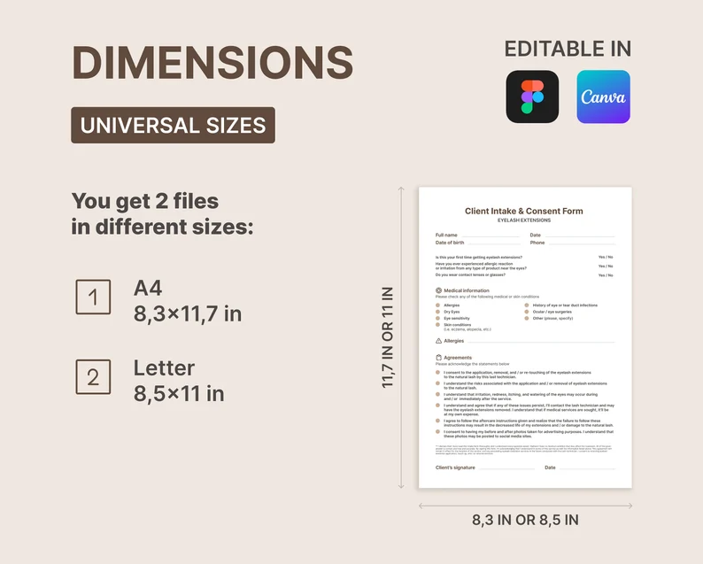 Eyelash Extensions Client Intake and Consent Form | Easy to Edit & Print Canva and Figma Digital Files | For Lash Artist and Salon