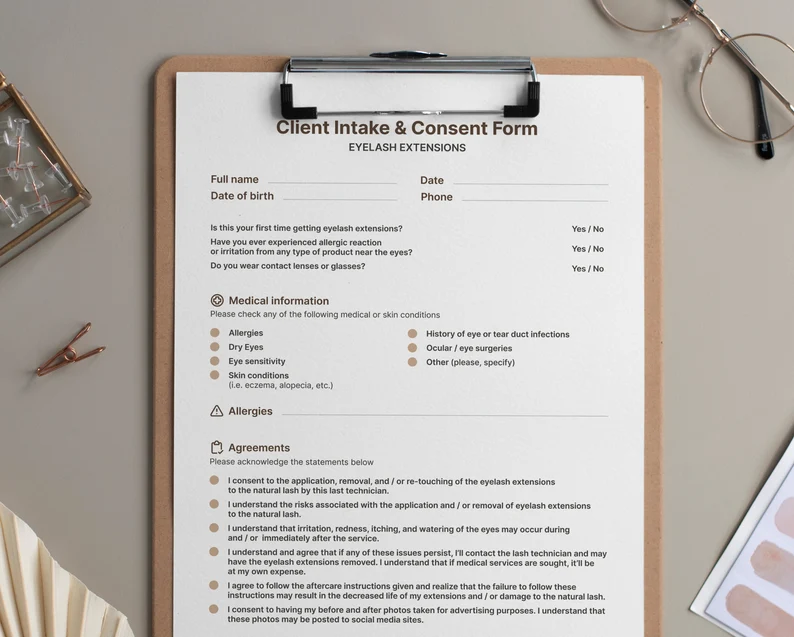 Eyelash Extensions Client Intake and Consent Form | Easy to Edit & Print Canva and Figma Digital Files | For Lash Artist and Salon