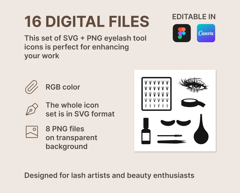 Eyelash Tool Icons PNG & SVG + Canva and Figma 8in1 Digital Bundle - Brush, Eye pads, Eye, Lash Fans, Tweezers, Puffer, Roll of Tape, Bottle