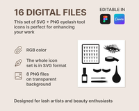 Eyelash Tool Icons PNG & SVG + Canva and Figma 8in1 Digital Bundle - Brush, Eye pads, Eye, Lash Fans, Tweezers, Puffer, Roll of Tape, Bottle