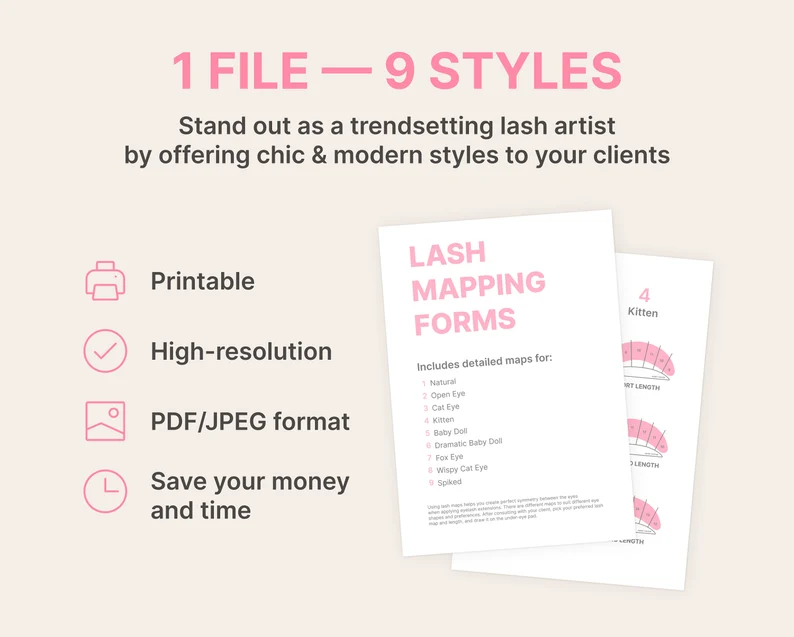 Eyelash Map Style Sheets | PDF, JPEG & PNG Digital Files w/ 9x trendy lash styles and 3x fan length | Professional Eyelash Extensions Guide