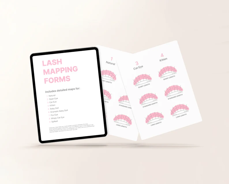 Eyelash Map Style Sheets | PDF, JPEG & PNG Digital Files w/ 9x trendy lash styles and 3x fan length | Professional Eyelash Extensions Guide