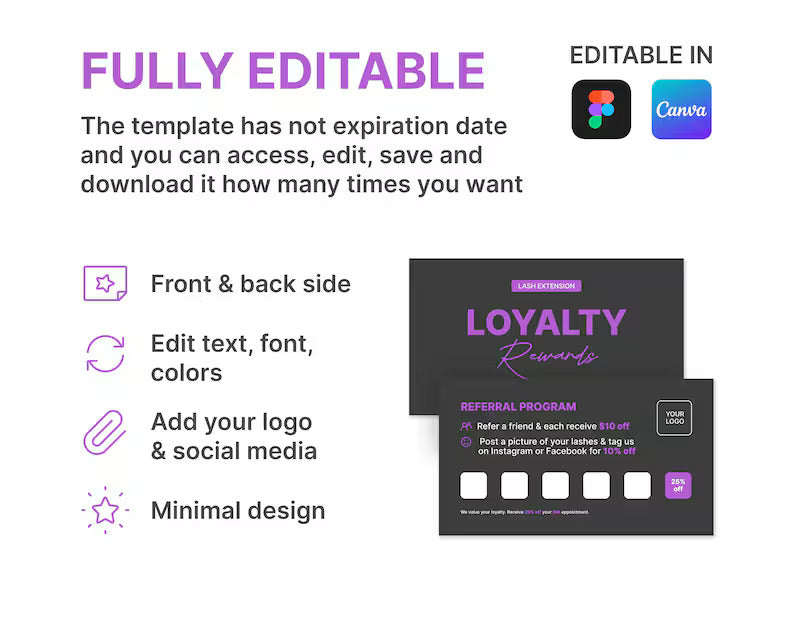 Eyelash Extension Loyalty Card | PDF, PNG + Canva & Figma links Easy to Use | Digital Files | For Professional Eyelash Artist and Salon